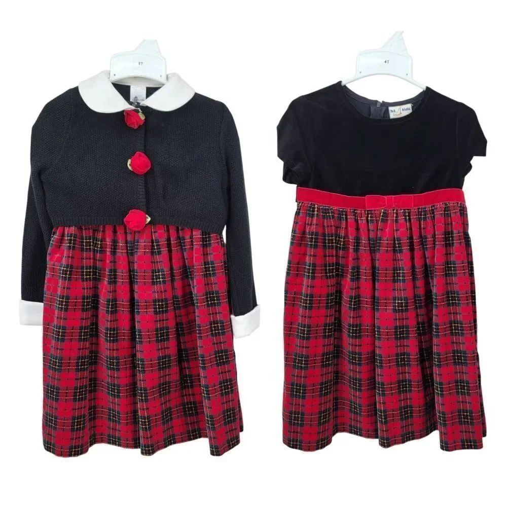 Vintage Plaid Red and Black Velvet Dress with Cardigan Sweater Christmas Vintage